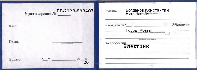 Образец удостоверения электрика в Абазе с печатью и подписью