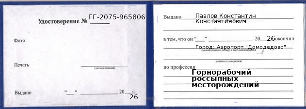 Образец удостоверения горнорабочего россыпных месторождений в Аэропорте "Домодедово" с печатью и подписью