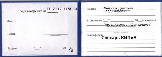 Образец удостоверения слесаря КИПиА в Аэропорте "Домодедово" с печатью и подписью