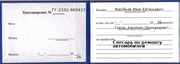 Образец удостоверения слесаря по ремонту автомобилей в Аэропорте "Домодедово" с печатью и подписью