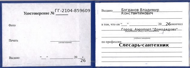 Образец удостоверения слесаря-сантехника в Аэропорте "Домодедово" с печатью и подписью