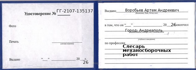 Образец удостоверения слесаря механосборочных работ в Андреаполе с печатью и подписью