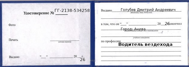 Образец удостоверения водителя вездехода в Аниве с печатью и подписью