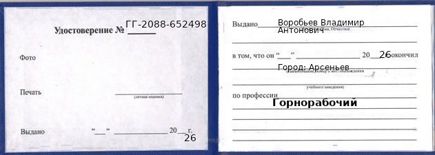 Образец удостоверения горнорабочего в Арсеньеве с печатью и подписью