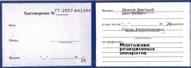 Образец удостоверения монтажника реакционных аппаратов в Багратионовске с печатью и подписью