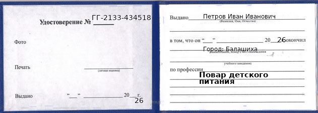 Образец удостоверения повара детского питания в Балашихе с печатью и подписью