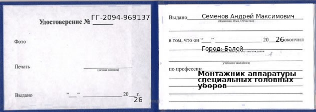 Образец удостоверения монтажника аппаратуры специальных головных уборов в Балее с печатью и подписью