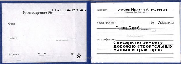 Образец удостоверения слесаря по ремонту дорожно-строительных машин и тракторов в Балее с печатью и подписью