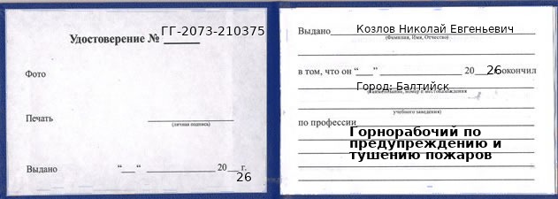 Образец удостоверения горнорабочего по предупреждению и тушению пожаров в Балтийске с печатью и подписью