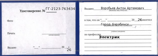 Образец удостоверения электрика в Барабинске с печатью и подписью