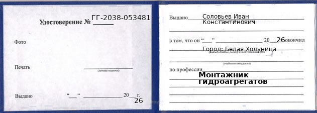 Образец удостоверения монтажника гидроагрегатов в Белой Холунице с печатью и подписью
