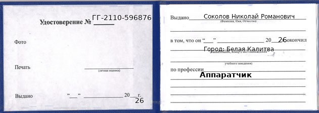 Образец удостоверения аппаратчика в Белой Калитве с печатью и подписью