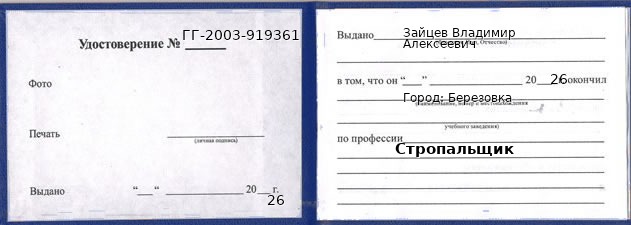 Образец удостоверения стропальщика в Березовке с печатью и подписью