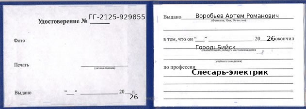 Образец удостоверения слесаря-электрика в Бийске с печатью и подписью