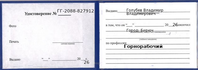 Образец удостоверения горнорабочего в Бирюч с печатью и подписью