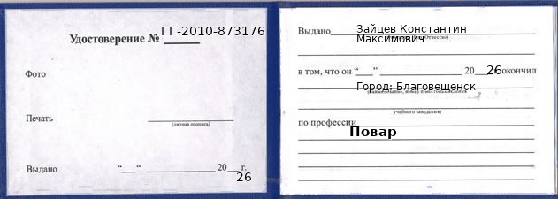 Образец удостоверения повара в Благовещенске с печатью и подписью