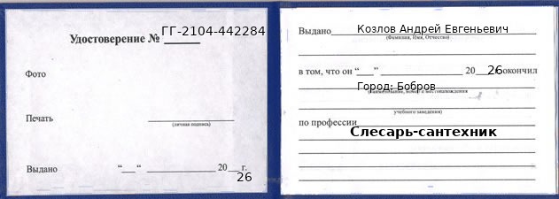 Образец удостоверения слесаря-сантехника в Боброве с печатью и подписью