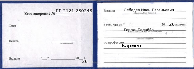 Образец удостоверения бармена в Бодайбо с печатью и подписью