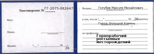 Образец удостоверения горнорабочего россыпных месторождений в Большом Камне с печатью и подписью