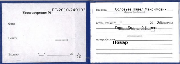 Образец удостоверения повара в Большом Камне с печатью и подписью