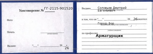 Образец удостоверения арматурщика в Боре с печатью и подписью