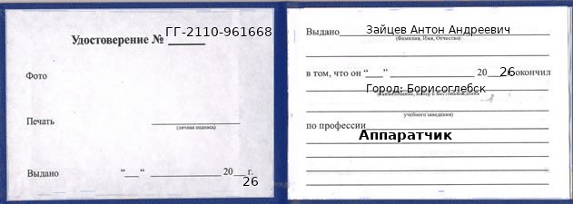 Образец удостоверения аппаратчика в Борисоглебске с печатью и подписью