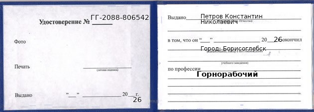 Образец удостоверения горнорабочего в Борисоглебске с печатью и подписью