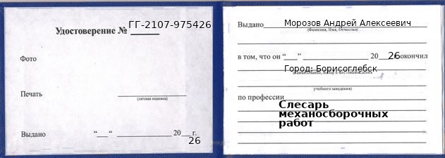 Образец удостоверения слесаря механосборочных работ в Борисоглебске с печатью и подписью
