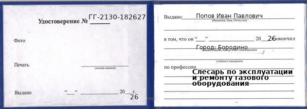 Образец удостоверения слесаря по эксплуатации и ремонту газового оборудования в Бородине с печатью и подписью