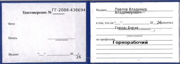 Образец удостоверения горнорабочего в Борзе с печатью и подписью