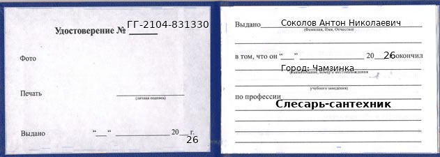 Образец удостоверения слесаря-сантехника в Чамзинке с печатью и подписью