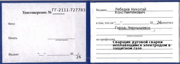 Образец удостоверения сварщика дуговой сварки неплавящимся электродом в защитном газе в Чернышевске с печатью и подписью