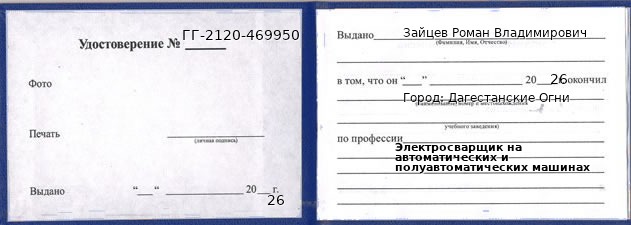 Образец удостоверения электросварщика на автоматических и полуавтоматических машинах в Дагестанские Огни с печатью и подписью