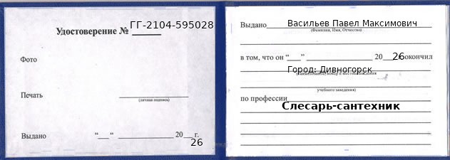 Образец удостоверения слесаря-сантехника в Дивногорске с печатью и подписью