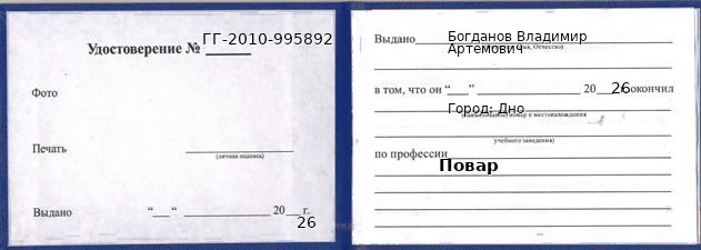 Образец удостоверения повара в Дне с печатью и подписью