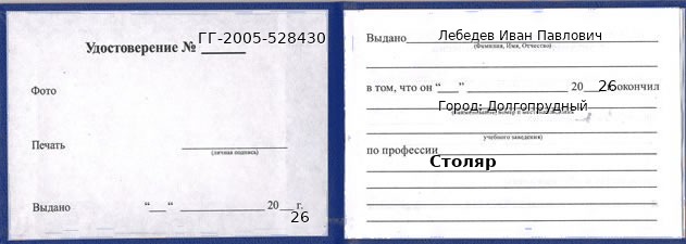 Образец удостоверения столяра в Долгопрудном с печатью и подписью