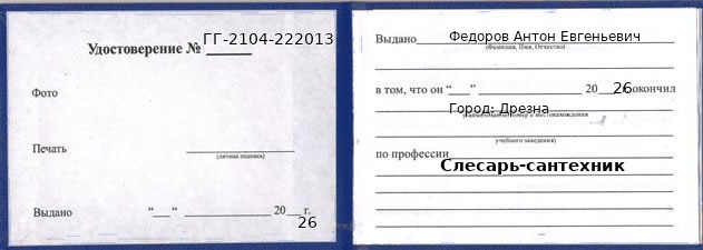 Образец удостоверения слесаря-сантехника в Дрезне с печатью и подписью