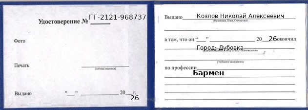 Образец удостоверения бармена в Дубовке с печатью и подписью