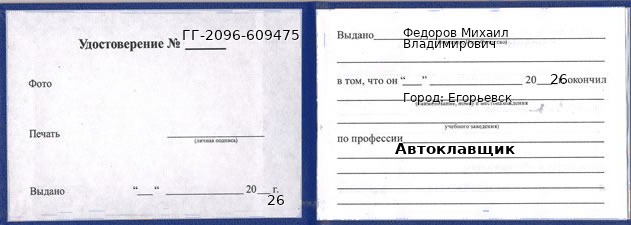 Образец удостоверения автоклавщика в Егорьевске с печатью и подписью
