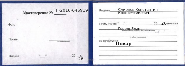Образец удостоверения повара в Елани с печатью и подписью