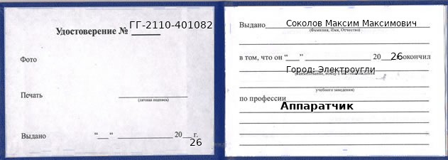Образец удостоверения аппаратчика в Электроуглях с печатью и подписью