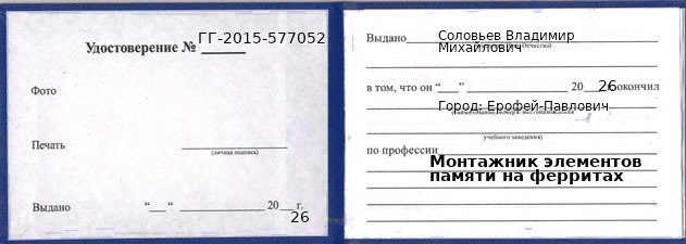 Образец удостоверения монтажника элементов памяти на ферритах в Ерофее Павловиче с печатью и подписью