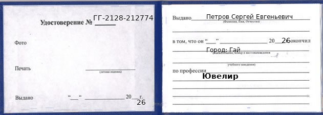 Образец удостоверения ювелира в Гае с печатью и подписью