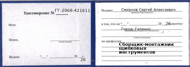 Образец удостоверения сборщика-монтажника щипковых инструментов в Галенках с печатью и подписью