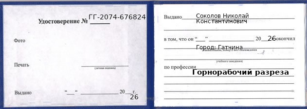 Образец удостоверения горнорабочего разреза в Гатчине с печатью и подписью