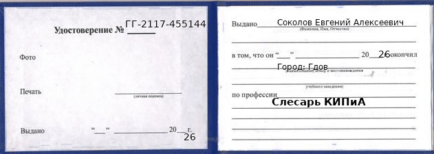 Образец удостоверения слесаря КИПиА в Гдове с печатью и подписью