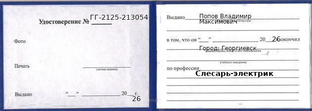 Образец удостоверения слесаря-электрика в Георгиевске с печатью и подписью
