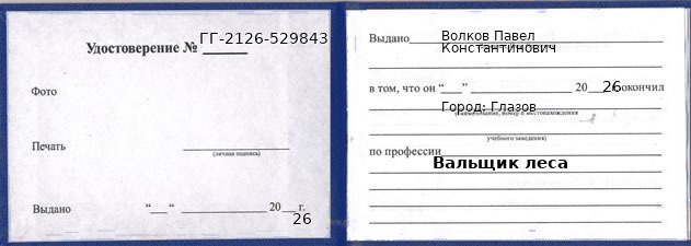 Образец удостоверения вальщика леса в Глазове с печатью и подписью