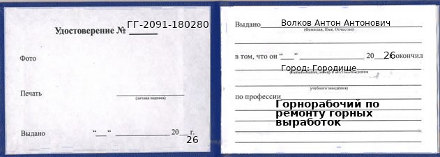Образец удостоверения горнорабочего по ремонту горных выработок в Городище с печатью и подписью