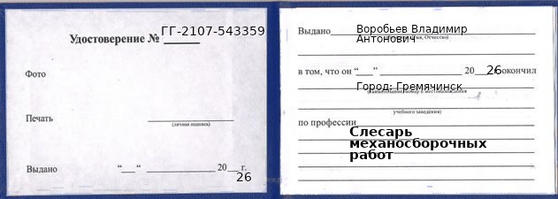 Образец удостоверения слесаря механосборочных работ в Гремячинске с печатью и подписью